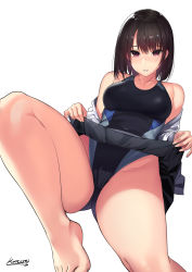 Rule 34 | 1girl, bare shoulders, black hair, blush, breasts, clothes lift, collarbone, competition swimsuit, gluteal fold, highres, kagematsuri, lifting own clothes, long sleeves, looking at viewer, medium breasts, off shoulder, one-piece swimsuit, original, parted lips, pleated skirt, pov, pov crotch, purple eyes, reclining, shirt, signature, simple background, skirt, skirt lift, solo, swimsuit, swimsuit under clothes, white background, white shirt