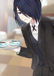 Rule 34 | 1boy, absurdres, black hair, black suit, black vest, blurry, blurry background, cup, formal, gloves, hair over one eye, highres, holding, holding tray, indoors, ishigami yuu, kaguya-sama wa kokurasetai ~tensai-tachi no renai zunousen~, leaning forward, long sleeves, looking at viewer, male focus, medium hair, ponzu (udon), solo, suit, teacup, tray, vest, white gloves