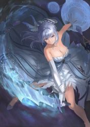 Rule 34 | 1girl, blue dress, blue eyes, blue footwear, blue hair, breasts, cleavage, commentary request, dress, fighting stance, gloves, granblue fantasy, highres, holding, holding sword, holding weapon, long hair, looking at viewer, magic, magic circle, medium breasts, silver hair, slashing, smile, solo, sword, therese (granblue fantasy), wasabi60, weapon, white gloves