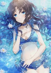 Rule 34 | 1girl, bikini, black hair, blue eyes, blush, breasts, cleavage, collar, flower, highres, idolmaster, idolmaster shiny colors, large breasts, long hair, looking at viewer, lying, lying on water, midriff, mitsumine yuika, namamake, navel, on back, side ponytail, solo, swimsuit, thighs, water