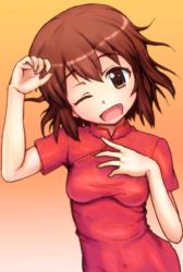 Rule 34 | 10s, 1girl, ;d, bad id, bad pixiv id, brown eyes, brown hair, china dress, chinese clothes, dress, fang, hand on own chest, inokuma youko, kin-iro mosaic, masara (tararen87), one eye closed, open mouth, short hair, smile, solo, wink