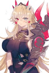Rule 34 | 1girl, armor, bare shoulders, black dress, black gloves, blonde hair, blue eyes, blush, breasts, brown pantyhose, dress, earrings, elbow gloves, barghest (fate), barghest (second ascension) (fate), fate/grand order, fate (series), gauntlets, gloves, heterochromia, highres, horns, jewelry, large breasts, long hair, looking at viewer, necklace, pantyhose, pauldrons, pelvic curtain, red eyes, shoulder armor, sideboob, single gauntlet, single pauldron, smile, solo, thighs, touwa
