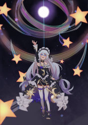 Rule 34 | 1girl, :d, absurdres, bare shoulders, black dress, black sleeves, blue eyes, dress, frilled dress, frills, full body, full moon, hair ribbon, highres, honkai (series), honkai impact 3rd, kile chou, long hair, looking up, moon, open mouth, outstretched arm, ribbon, smile, solo, space, star (sky), theresa apocalypse, theresa apocalypse (celestial hymn), thighhighs, twintails, white hair, white thighhighs