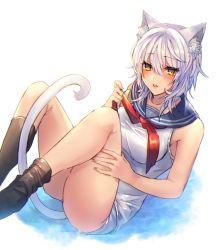 Rule 34 | 1girl, animal ear fluff, animal ears, ass, bad id, bad pixiv id, bare arms, bare shoulders, black socks, blue sailor collar, blush, breasts, cat ears, cat girl, cat tail, commentary request, feet out of frame, hair between eyes, knees up, medium breasts, one-piece swimsuit, original, parted lips, red neckwear, sailor collar, shikino yuki, silver hair, socks, solo, swimsuit, tail, water, white background, white one-piece swimsuit, yellow eyes