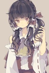 Rule 34 | 1girl, absurdres, adjusting hair, alternate hairstyle, arm at side, ascot, blunt bangs, blush, bow, braid, brown eyes, brown hair, closed mouth, commentary, detached sleeves, frilled bow, frilled shirt collar, frills, grey background, hair bow, hair tubes, hakurei reimu, hand up, highres, jitome, long hair, looking at viewer, nikorashi-ka, pout, red bow, red shirt, red skirt, ribbon-trimmed sleeves, ribbon trim, shirt, side ponytail, simple background, skirt, sleeveless, sleeveless shirt, touhou, upper body, white sleeves, wide sleeves, yellow ascot