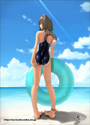 Rule 34 | 1girl, adjusting clothes, adjusting swimsuit, animal ears, anklet, ass, barefoot, beach, bell, brown eyes, brown hair, cat ears, cat tail, cloud, competition school swimsuit, day, from behind, innertube, jewelry, jingle bell, kneepits, legs, light rays, looking back, nyanko batake, ocean, one-piece swimsuit, original, outdoors, pigeon-toed, school swimsuit, shadow, short hair, sky, solo, sunbeam, sunlight, swim ring, swimsuit, tail, wet