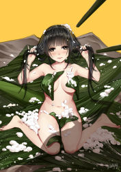 Rule 34 | 1girl, bba1985, black hair, blush, breasts, brown eyes, chopsticks, food, food on hair, highres, holding, holding hair, in food, leaf, long hair, mini person, minigirl, nude, original, personification, pinky out, rice, sitting, solo, tagme, wariza