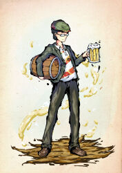 Rule 34 | 1boy, absurdres, alcohol, beer, beer keg, beer mug, black hair, black pants, brown footwear, buttons, closed mouth, coat, collared shirt, cup, full body, glasses, green coat, highres, holding, holding cup, hyoutan tan, long sleeves, mug, pants, shirt, short hair, simple background, smile, solo, standing, touhou, white shirt, zun, zun hat