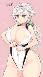 Rule 34 | 10s, 1girl, alternate costume, asymmetrical hair, bad anatomy, bad id, bad pixiv id, braid, breasts, covered erect nipples, front zipper swimsuit, hair ornament, highres, huge breasts, inconvenient breasts, kantai collection, kuro chairo no neko, long hair, looking down, meme attire, one-piece swimsuit, partially visible vulva, poorly drawn, silver hair, simple background, single braid, solo, swimsuit, undersized clothes, unryuu (kancolle), very long hair, white one-piece swimsuit, yellow eyes