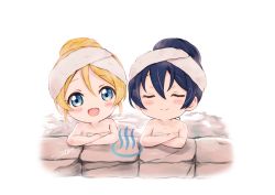 Rule 34 | 2girls, ayase eli, bathing, blonde hair, blue eyes, blue hair, blush, chibi, closed eyes, commentary request, hair between eyes, long hair, looking at viewer, love live!, love live! school idol project, multiple girls, onsen, onsen symbol, open mouth, partially submerged, rock, smile, sonoda umi, steam, suito, towel, towel on head, white towel