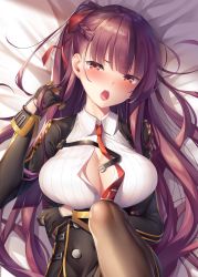 Rule 34 | 1girl, arm under breasts, black gloves, black skirt, braid, breast hold, breasts, brown pantyhose, cleavage, collared shirt, commentary request, dress shirt, framed breasts, french braid, girls&#039; frontline, gloves, half updo, high-waist skirt, highres, long hair, meion, necktie, no bra, one side up, open mouth, pantyhose, purple hair, red eyes, red necktie, red ribbon, ribbon, shirt, skirt, solo, teeth, tsurime, unbuttoned, unbuttoned shirt, upper teeth only, wa2000 (girls&#039; frontline), white shirt, wing collar