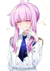 Rule 34 | 1girl, ^ ^, absurdres, ahoge, blue archive, blue necktie, blunt bangs, blush, braid, closed eyes, closed mouth, collared shirt, commentary request, gloves, half gloves, halo, hayama salt, highres, kaya (blue archive), long sleeves, necktie, shirt, simple background, smile, solo, white background, white gloves, white shirt