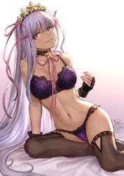 Rule 34 | 1girl, alternate costume, arm support, bb (fate), bb (fate) (all), bb (swimsuit mooncancer) (fate), bb (swimsuit mooncancer) (second ascension) (fate), bed, bed sheet, black gloves, black thighhighs, bra, breasts, commentary request, dated, earrings, fate/grand order, fate (series), fingerless gloves, floral print, gloves, gold trim, gradient background, hair ornament, hairband, head tilt, highleg, highleg panties, highres, jewelry, large breasts, licking lips, long hair, looking at viewer, mashuu (neko no oyashiro), nail polish, navel, on bed, panties, purple bra, purple eyes, purple hair, purple panties, purple ribbon, ribbon, rose print, signature, sitting, solo, star (symbol), star earrings, star hair ornament, tan, thighhighs, tongue, tongue out, twitter username, underwear, underwear only, very long hair
