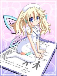 Rule 34 | 10s, 1girl, alternate costume, blonde hair, blue eyes, blush, chagama (tyagama0927), fairy wings, female focus, hair ornament, hat, highres, histoire, long hair, looking at viewer, mini person, minigirl, neptune (series), nurse, sitting, smile, solo, twintails, wariza, wings