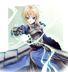 Rule 34 | 1girl, ahoge, armor, armored dress, artoria pendragon (fate), blonde hair, blue eyes, dress, excalibur (fate/stay night), fate/stay night, fate (series), faulds, gauntlets, invisible air (fate), saber (fate), solo, sword, uraomote, weapon