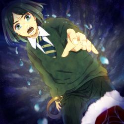 Rule 34 | 1boy, bad id, bad pixiv id, black hair, dutch angle, fate/stay night, fate/zero, fate (series), gradient hair, green eyes, green hair, haruto (artist), male focus, matching hair/eyes, multicolored hair, necktie, outstretched hand, short hair, solo, tears, waver velvet