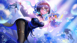 Rule 34 | 1girl, ass, belt, black dress, black hair, black pantyhose, blue belt, blue eyes, blue gemstone, blue hair, boots, breasts, bubble, china dress, chinese clothes, cleavage, colored inner hair, commission, crossed bangs, dress, gem, hair between eyes, highres, indie virtual youtuber, jellyfish, jellyfish hair ornament, jewelry, knee boots, large breasts, long eyelashes, mascot, multicolored hair, multiple rings, off-shoulder dress, off shoulder, pantyhose, pelvic curtain, ring, squishy bloom, thighlet, thighs, virtual youtuber, white footwear, white sleeves, yuarima2