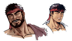 Rule 34 | 1boy, age difference, bara, beard, closed eyes, cropped shoulders, facial hair, headband, laughing, male focus, mature male, multiple views, muscular, muscular male, mustache, ryu (street fighter), short hair, sideburns, street fighter, thick eyebrows, thick mustache, yuiofire