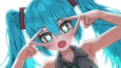 1girl absurdres aqua_eyes aqua_hair bright_pupils collared_shirt double_v dutch_angle fang fingernails green_necktie grey_shirt hair_between_eyes hair_ornament hands_up hatsune_miku highres lab2linch long_hair looking_at_viewer m@gical_cure!_love_shot!_(vocaloid) meme miku_miku_beaaaam!!_(meme) necktie open_mouth shirt sidelocks skin_fang sleeveless sleeveless_shirt star-shaped_pupils star_(symbol) symbol-shaped_pupils twintails v v-shaped_eyebrows v_over_eye vocaloid white_pupils