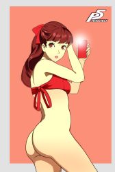 Rule 34 | 1girl, ass, bottomless, bow, bra, cellphone, copyright name, eyelashes, highres, lipstick, makeup, no panties, parted lips, persona, persona 5, persona 5 the royal, phone, ponytail, red bow, red bra, red hair, selfie, smartphone, solo, underwear, yoshizawa kasumi