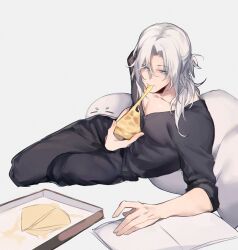 Rule 34 | 1boy, bishounen, black pants, black shirt, blue eyes, closed mouth, dante (devil may cry), demon boy, devil may cry (series), devil may cry 5, facial hair, food, holding, holding food, holding pizza, long hair, male focus, mature male, old, old man, pale skin, pants, pizza, shigu dmc, shirt, sitting, solo, very long hair, white background, white hair