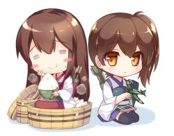 Rule 34 | 10s, 2girls, :t, = =, aircraft, airplane, akagi (kancolle), black legwear, blush, blush stickers, bowl, brown eyes, brown hair, chibi, chopsticks, eating, food, food on face, hand on own cheek, hand on own face, japanese clothes, kaga (kancolle), kantai collection, long hair, looking at viewer, multiple girls, muneate, ohitsu, personification, pleated skirt, quiver, rei (rei&#039;s room), rice, rice bowl, rice on face, seiza, short hair, side ponytail, simple background, sitting, skirt, smile, thighhighs, white background, zettai ryouiki