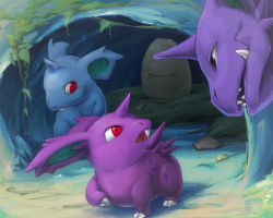 Rule 34 | brown eyes, commentary request, creature, creatures (company), egg, eye contact, fangs, game freak, gen 1 pokemon, highres, looking at another, looking down, looking up, nidoking, nidoran, nidoran (female), nidoran (male), nintendo, no humans, pokemon, pokemon (creature), polyacryla, red eyes, size difference