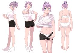 Rule 34 | 1girl, absurdres, aoba (kancolle), barefoot, black shorts, blue eyes, bra, breasts, clothes pull, hair ornament, hair scrunchie, hand on own hip, highres, kantai collection, medium breasts, multiple views, navel, ojipon, ok sign, one eye closed, open clothes, open mouth, open shorts, panties, pink hair, ponytail, scrunchie, shirt, shoes, short sleeves, shorts, shorts pull, simple background, smile, sneakers, standing, underwear, v, white background, white bra, white footwear, white panties, white shirt