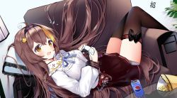 Rule 34 | ahoge, black thighhighs, blonde hair, blue ribbon, blush, bow legwear, breasts, brown eyes, brown hair, character request, chips (food), controller, couch, food, hair ornament, hairband, hairclip, holding, holding controller, long hair, long sleeves, looking at viewer, lying, multicolored hair, on back, open mouth, pepsi, ribbon, thighhighs, two-tone hair, virtual youtuber, zettai ryouiki, zhao (pixiv12947327)