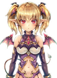 Rule 34 | 1girl, bare shoulders, blonde hair, demon girl, demon tail, demon wings, earrings, expressionless, jewelry, midriff, navel, original, pointy ears, red eyes, samoore, solo, tail, twintails, white background, wings