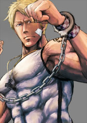 Rule 34 | 1boy, abs, alternate costume, bad id, bad pixiv id, bandaid, blonde hair, blue eyes, clenched hands, cody travers, cuffs, facial hair, fighting stance, final fight, goroumaru (galaxy2-3-6), handcuffs, male focus, muscular, nose, pectorals, simple background, solo, street fighter, street fighter iv (series), stubble, tank top, wristband
