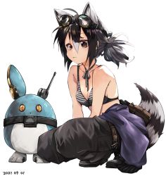 Rule 34 | 1girl, alternate costume, alternate hairstyle, animal ears, bare arms, bare shoulders, bikini, bikini top only, black pants, blue jacket, cargo pants, clothes around waist, commentary request, common raccoon (kemono friends), goggles, goggles on head, grey eyes, highres, jacket, jacket around waist, kemono friends, looking at viewer, lucky beast (kemono friends), nanana (nanana iz), pants, ponytail, raccoon ears, raccoon girl, raccoon tail, sleeveless, solo, squatting, striped bikini, striped clothes, swimsuit, tail