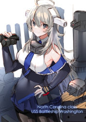 Rule 34 | 1girl, ahoge, akagi kurage, bare shoulders, binoculars, black pantyhose, blue necktie, breasts, character name, commentary request, commission, cowboy shot, grey eyes, hand on own hip, headgear, highres, kantai collection, large breasts, long hair, machinery, necktie, pantyhose, pleated skirt, shirt, silver hair, simple background, skirt, sleeveless, sleeveless shirt, solo, washington (kancolle), white background, white shirt