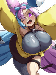 Rule 34 | + +, 1girl, alternate breast size, arm up, armpit crease, armpits, asymmetrical legwear, blue hair, blush, bow-shaped hair, breasts, character hair ornament, cleavage, collarbone, creatures (company), game freak, grey shirt, hair ornament, highres, hizakake, huge breasts, iono (pokemon), jacket, light blue hair, long sleeves, looking at viewer, mismatched legwear, multicolored hair, nintendo, one eye closed, open mouth, pink hair, pokemon, pokemon sv, purple eyes, revision, sharp teeth, shirt, simple background, sleeves past fingers, sleeves past wrists, solo, split-color hair, star-shaped pupils, star (symbol), symbol-shaped pupils, teeth, thick thighs, thigh strap, thighs, tongue, two-tone hair, white background, yellow jacket