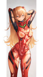 Rule 34 | 1girl, absurdres, arms behind head, arms up, blue eyes, blush, bodysuit, breasts, brown hair, cum, cum on body, cum on breasts, cum on upper body, curvy, embarrassed, evangelion: 3.0+1.0 thrice upon a time, facial, gluteal fold, hair between eyes, hair ornament, highres, interface headset, lips, long hair, medium breasts, multicolored bodysuit, multicolored clothes, narrow waist, neon genesis evangelion, nipples, pilot suit, plugsuit, rebuild of evangelion, red bodysuit, shiny clothes, shiny skin, skin tight, solo, souryuu asuka langley, standing, thick thighs, thighs, torn bodysuit, torn clothes, two side up, very long hair, wide hips, yusha m