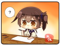 Rule 34 | 1girl, ?, artist name, bad id, bad twitter id, brown eyes, brown hair, commentary request, gradient background, japanese clothes, kaga (kancolle), kantai collection, long hair, paper, pencil, side ponytail, solo, spoken question mark, table, taisa (kari), tasuki, upper body, yellow background