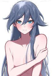 Rule 34 | 1girl, blue eyes, blue hair, breasts, completely nude, covered erect nipples, fu hua, grey hair, hair between eyes, highres, honkai (series), honkai impact 3rd, long hair, nude, simple background, small breasts, solo, sweat, sweatdrop, upper body, white background, yunomi (yunomi hs)