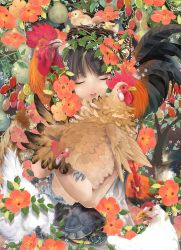 Rule 34 | 1girl, animal, animal on head, bad id, bad pixiv id, bird, bird nest, bird on head, black hair, blooming, bug, butterfly, chicken, chinese zodiac, closed eyes, dress, egg, feathers, flower, highres, holding, holding animal, in nest, insect, nature, nest, on head, original, realistic, surrounded, toutenkou, turtle, upper body, white dress, year of the rooster