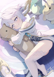 Rule 34 | 1girl, animal ears, bare shoulders, blue eyes, closed mouth, dress, granblue fantasy, highres, holding, holding stuffed toy, kimblee, looking at viewer, lying, on side, short hair, smile, solo, stuffed animal, stuffed toy, thighhighs, wamdus (granblue fantasy), white dress, white hair, white thighhighs