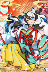 Rule 34 | 1girl, animal ears, bell, blue eyes, blurry, breasts, brown hair, collar, commentary request, cow ears, cow girl, cow horns, cowbell, depth of field, falling petals, feather boa, flower, hair between eyes, heterochromia, highres, holding, holding umbrella, horns, japanese clothes, kimono, large breasts, long hair, long sleeves, looking at viewer, multicolored hair, naoto (yandereheaven), neck bell, new year, oil-paper umbrella, original, petals, pinky out, signature, smile, solo, two-tone hair, umbrella, watermark, white hair, yellow eyes