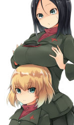 Rule 34 | 10s, 2girls, amai nekuta, black hair, black skirt, blonde hair, blue eyes, breast rest, breasts, breasts on head, cellphone, closed mouth, empty eyes, fang, girls und panzer, green jacket, highres, jacket, katyusha (girls und panzer), large breasts, long hair, long sleeves, looking at another, looking at viewer, multiple girls, nonna (girls und panzer), open mouth, phone, pleated skirt, red shirt, school uniform, serious, shirt, short hair, simple background, skirt, smartphone, standing, sweatdrop, swept bangs, tawawa challenge, turtleneck, white background