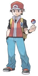 Rule 34 | 1boy, absurdres, backpack, bag, baggy pants, baseball cap, black wristband, blue pants, brown eyes, brown hair, closed mouth, creatures (company), frown, full body, game freak, hand in pocket, hat, highres, jacket, male focus, nintendo, official art, pants, poke ball, poke ball (basic), pokemon, pokemon frlg, red (pokemon), red hat, red jacket, shirt, shoes, short hair, sleeveless, sleeveless jacket, solo, spiked hair, sugimori ken, t-shirt, transparent background, vs seeker, yellow bag