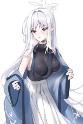 Rule 34 | 1girl, bad anatomy, blue archive, blush, breasts, grey eyes, halo, highres, long hair, long skirt, medium breasts, nagusa (blue archive), pleated skirt, raki kr, simple background, skirt, solo, white background, white hair, white skirt