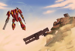 Rule 34 | armored core, flying, from software, gun, highres, m1 bazooka, mecha, robot, rocket launcher, sand, weapon