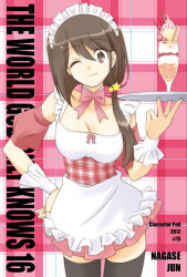 Rule 34 | 1girl, alternate costume, apron, bow, breasts, brown eyes, brown hair, character name, collarbone, copyright name, cup, dessert, detached sleeves, enmaided, food, hand on own hip, hip focus, kami nomi zo shiru sekai, maid, maid apron, maid headdress, nagase jun, natsushi, one eye closed, plaid, side ponytail, solo, thighhighs, uniform, wink, wrist cuffs, zettai ryouiki
