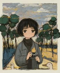 Rule 34 | 1girl, absurdres, bird, black eyes, black hair, black scarf, black shirt, border, camera, ciel (paradis47), closed mouth, cloud, cloudy sky, duck, expressionless, faux traditional media, grey jacket, highres, holding, holding camera, jacket, long sleeves, looking at viewer, original, outdoors, path, road, rubber duck, scarf, shirt, short hair, sky, solo, tree, upper body, white border