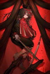 Rule 34 | 1girl, black hair, cape, family crest, fate/grand order, fate/type redline, fate (series), flower, gloves, gun, hat, highres, holding, holding gun, holding weapon, katana, koha-ace, long hair, long sleeves, looking at viewer, lying, musket, oda nobunaga (fate), oda nobunaga (koha-ace), oda uri, on side, peaked cap, red eyes, solo, sword, very long hair, weapon, ysoroth
