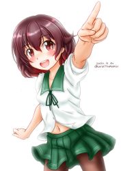 Rule 34 | 1girl, black pantyhose, brown hair, cowboy shot, dated, gradient hair, green sailor collar, green skirt, highres, kantai collection, multicolored hair, mutsuki (kancolle), navel, one-hour drawing challenge, open mouth, pantyhose, pleated skirt, pointing, red hair, round teeth, sailor collar, school uniform, serafuku, short hair, simple background, skirt, smile, solo, teeth, twitter username, upper teeth only, ura tomomi, white background