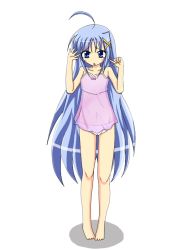 Rule 34 | 00s, 1girl, arms up, bare shoulders, camisole, collarbone, full body, hair ornament, looking at viewer, lyrical nanoha, mahou shoujo lyrical nanoha, mahou shoujo lyrical nanoha strikers, midriff, navel, reinforce zwei, see-through, simple background, solo, spaghetti strap, standing, stomach, toes, white background, x hair ornament