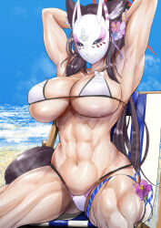 1girl abs absurdres animal_ear_fluff animal_ears bikini black_hair blue_archive blush breasts cleavage flower fox_ears fox_girl fox_mask fox_tail hair_flower hair_ornament halo highres koucha_indian large_breasts long_hair looking_at_viewer mask muscular muscular_female navel official_alternate_costume solo swimsuit tail wakamo_(blue_archive) wakamo_(swimsuit)_(blue_archive) white_bikini